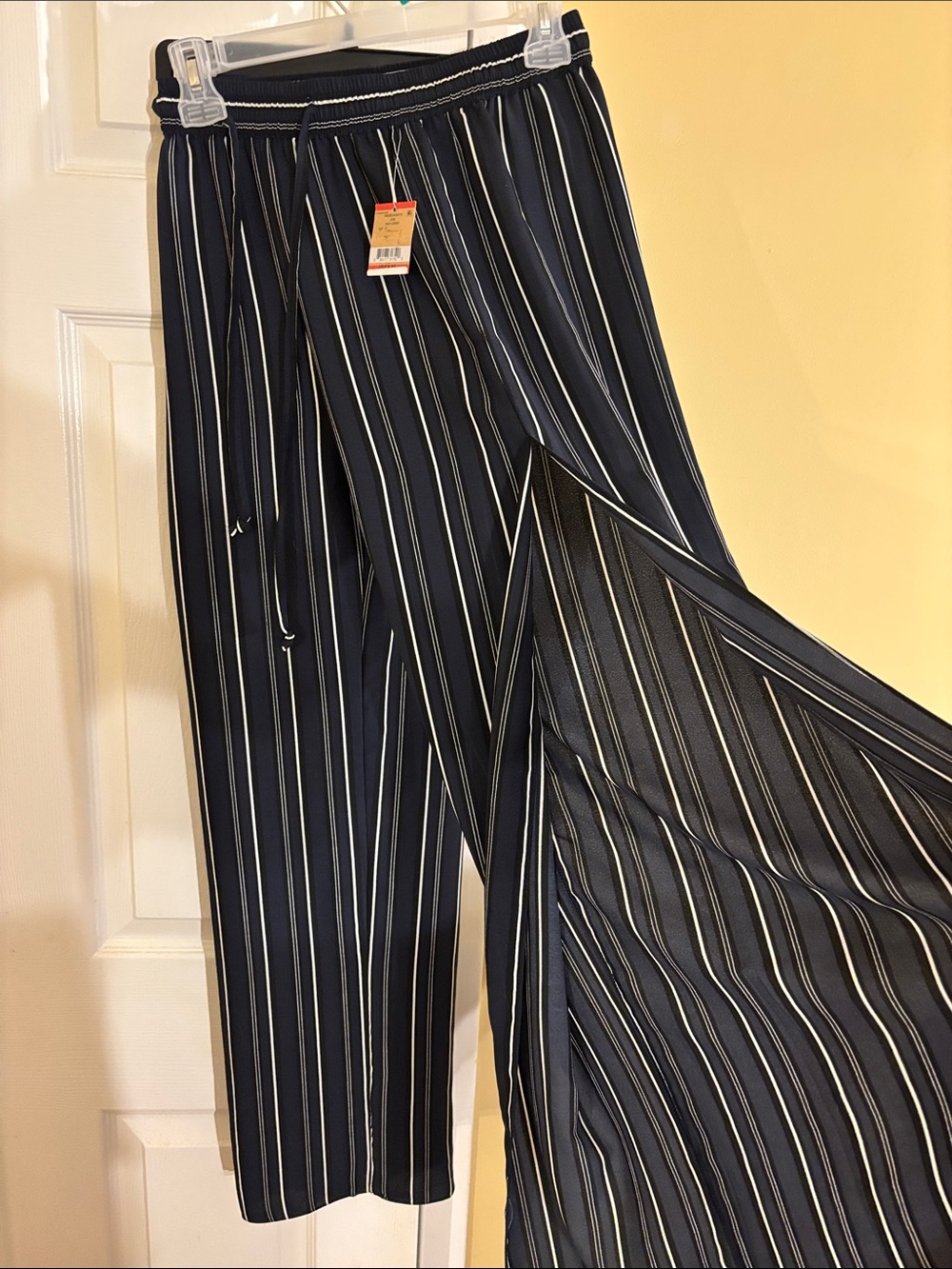 RACHEL Rachel Roy Navy and White Pinstripe Thigh High Split Pants